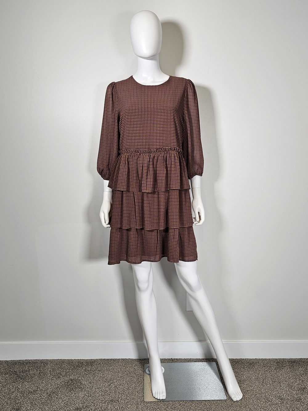 Aware by Vero Moda Brown Check Tiered Mini Dress with Puff Sleeves Sz M